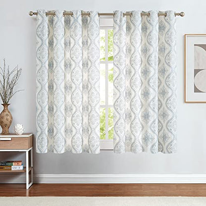 jinchan Boho Floral Linen Curtains 63 Inch Blue on Ecru Grommet 2 Panels - color: Damask Blue, size: 50"W x 63"L (Pack of 2)