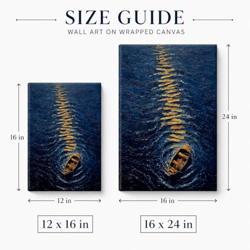 Canvas Wall Art Night Ocean Framed Style Golden Boat Reflection 16x24 Inch - color: A quiet little boat, size: 24"L x 16"W