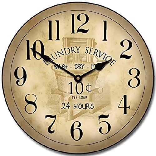 Laundry Room Wall Clock Vintage Wooden Round Clock Wall Decor 10 Inch Battery Operated Decorative Wall Clock Silent Round Wood Wall Clock Hanging Clocks for Bedroom Decor Living Room Clocks - color: A11-10, size: 10x10in