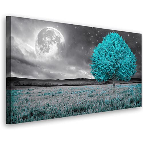 Tree of Life Wall Art Picture Canvas Prints Room Wall Décor Blue Tree with Full Moon Paintings for Living Room Bathroom Bedroom Home Kitchen Decorations Natural Artwork Wooden Framed 20x40inches - color: Blue tree and white full moon, size: 40"L x 20"W