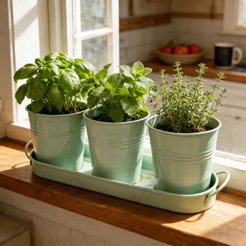Metal Herb Garden Planter Set with Tray, 3-Pack Green Zinc-Coated Windowsill Plant Pots with Drainage Holes & Handles for Indoor Outdoor Kitchen Garden - color: Green