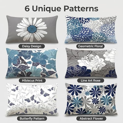 COMMINY Blue Grey Lumbar Pillow Covers 12x20 Set 6 Linen Throw Cover - color: Blue Daisy, size: 20" x 12" (Pack of 6)