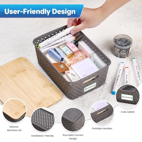 Anysig 8 Pack Plastic Storage Bins with Bamboo Lids, 5.2 QT Stackable Bins - color: Gray