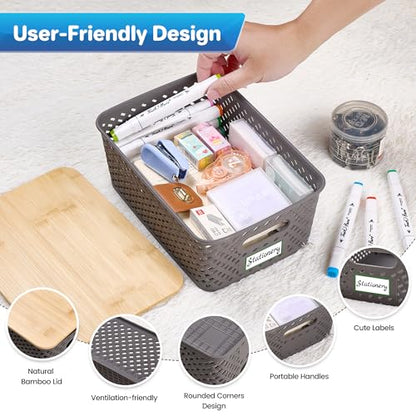 Anysig 8 Pack Plastic Storage Bins with Bamboo Lids, 5.2 QT Stackable Bins - color: Gray