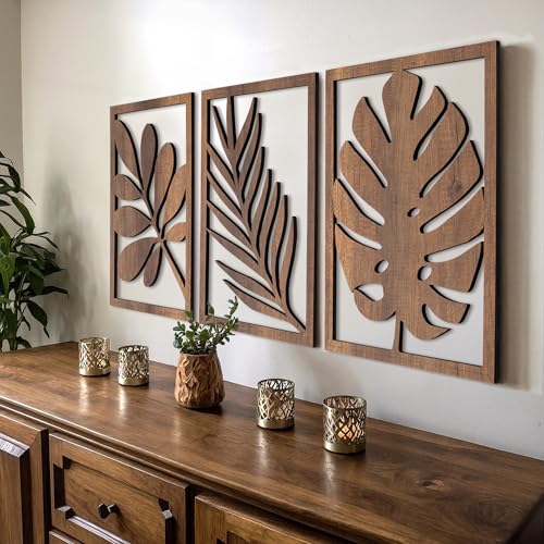 qmmp Modern Wooden Wall Sculptures - Set of 3 - Home Decor Accent - Large Wall Art for Living Room, Bedroom, Office - Easy Installation (Walnut, Large - Tree Leaves) - color: Walnut, size: Large - Tree Leaves