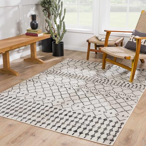Hauteloom Cowplain Farmhouse Moroccan Geometric Area Rug - Boho Aztec Tribal Carpet for Living Room, Bedroom, Dining Room - Cream, Black, Beige, Gray - 7'10" Round Rug - color: Black, Charcoal, Light Gray / Cowplain, size: 7'10" (Round)