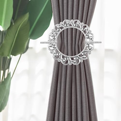 2pcs Silver Curtain Tiebacks, Round Drapery Holdbacks, 12 Crystals - style: 12 Crystals Silver