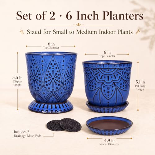 Gepege Ceramic Plant Pots, 6 Inch Indoor Planters with Drainage & Saucers - color: Blue, size: 6 Inch - Set of 2