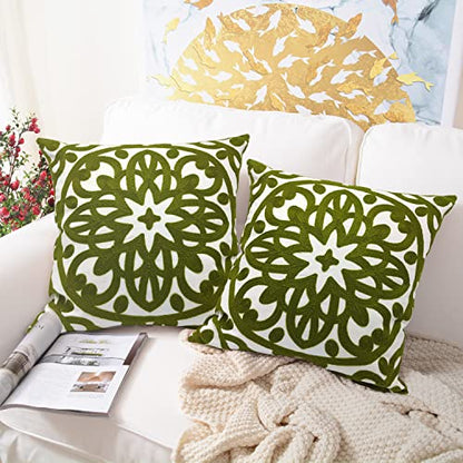 Alysheer Boho Embroidered Throw Pillow Cover 18"x18" Set of 2, Olive Green - color: Olive Green, size: 18" x 18" (Pack of 2)