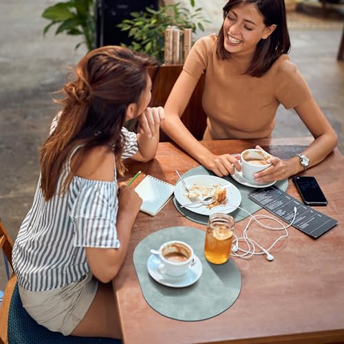 ADRIMER Oval Placemats Set of 6, Wipeable Faux Leather, Light Blue - color: Light Blue