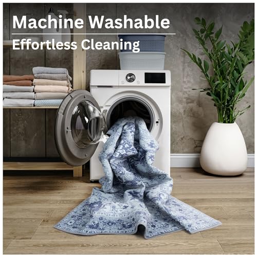 Bloom Rugs Washable Non-Slip 7 ft Runner - Gray/Blue Traditional Medallion Runner for Entryway, Hallway, Bathroom, and Kitchen - Exact Size: 2.5' x 7' - color: Gray / Blue, size: 2'6" x 7' (Runner)
