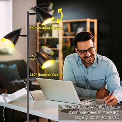 LALISU Tree Floor Lamp for Living Room, Industrial 3-Light Standing Lamp - color: Metal Black