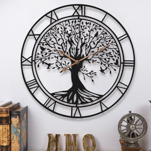 Dankeit Tree of Life Wall Clock, 24Inch Metal Black Family Tree Oversized Wall Clocks for Living Room Bedroom Home Decor, Modern Silent Mid-Century Battery Operated - color: A