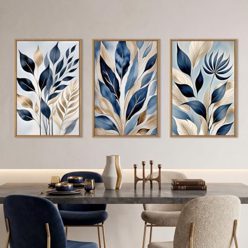 HPNIUB Large Boho Blue Botanical Leaf Framed Wall Art Set -24"x36"x3 - color: Abstract Leaf Wall Art, size: 24"L x 36"W