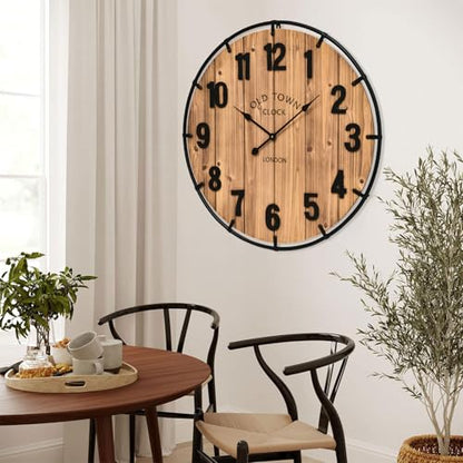 EMAX HOME Large Old Town Farmhouse Wall Clock 30 Inches Rustic Antique Wood with Metal Circle and Large Numerals Silent Battery Operated Wall Clock for Office Kitchen Bedroom Living Room - color: Brown, size: 30 Inch
