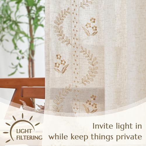 jinchan Floral Linen Curtains 72 Inch Farmhouse Back Tab 2 Panels - color: Beige, size: 50"W x 72"L (Pack of 2)
