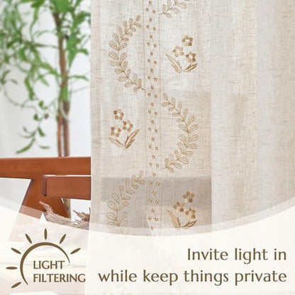 jinchan Floral Linen Curtains 72 Inch Farmhouse Back Tab 2 Panels - color: Beige, size: 50"W x 72"L (Pack of 2)