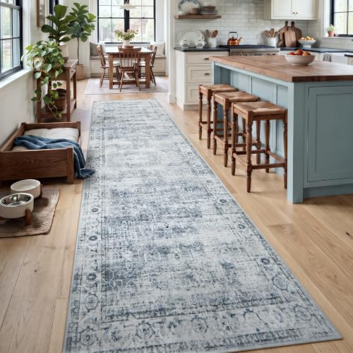 Morebes Vintage Hallway Runner Rug 12 ft, Extra Long Washable Kitchen Rug Runner Non-Slip, Soft Indoor Floor Throw Carpet for Hall Living Room Dining Room Office Farmhouse, Blue-Gray - color: Grey-blue/Multi, size: 2.5' x 12' (Runner)