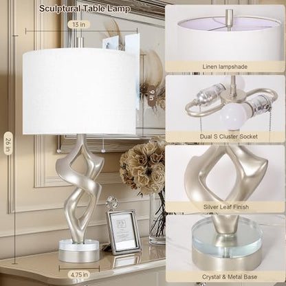 Scenekoy Silver Leaf 26” Tall Table Lamp Set of 2 for Bedroom Living Room - size: 26 inches Silver Leaf -028-SL