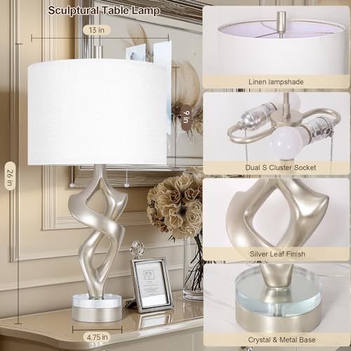 Scenekoy Silver Leaf 26” Tall Table Lamp Set of 2 for Bedroom Living Room - size: 26 inches Silver Leaf -028-SL