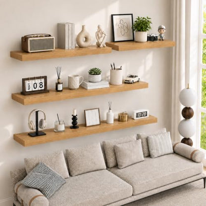 RICHER HOUSE 55 Inch Long Floating Shelves, 12" Deep Wood Wall Shelf, Oak - color: Oak, size: 55in