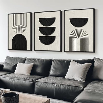 Large Framed Boho Neutral Abstract Wall Art, 3 Piece Canvas Prints 24x36 In - color: Geometric - D, size: 24" W x 36" H x 3Pcs