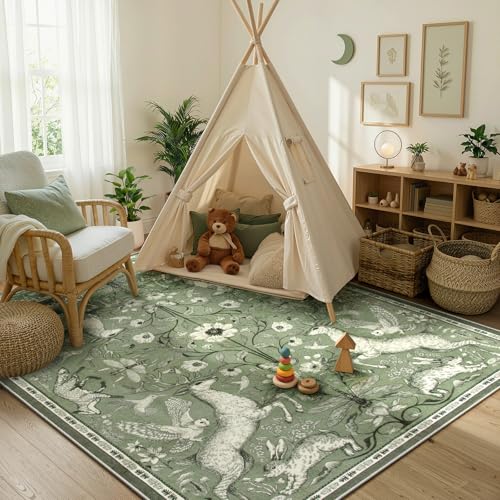 Lahome 5x7 Washable Area Rug for Living Room, Woodland Deer Boho Animal Rug, Vintage Botanical Green Non-Slip Low Pile Large Carpet for Bedroom Dining Room Nursery Farmhouse Decor - color: Green, size: 5' x 7' (Rectangular)