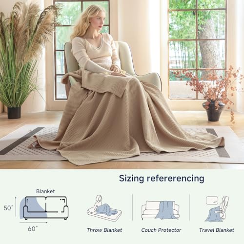 Simple&Opulence 100% Cotton Waffle Weave Throw Blanket 50"x60", Khaki - color: Khaki, size: Throw(50"X60")