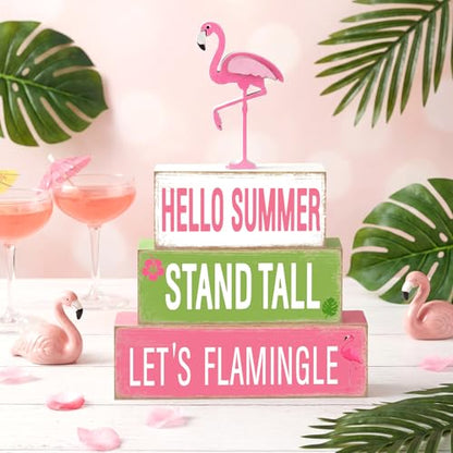GlikCeil 4 Pcs Summer Wooden Tiered Tray Decorations Pink Flamingo Stack Blocks Table Top Sign Decor Flamingo Summer Wood Centerpieces Farmhouse Rustic Table Decor for Mantle Home Party Supplies - style: Flamingo