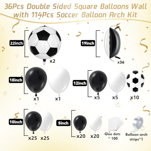36pcs Black and White Square Foil Balloons Wall Backdrop with 114pcs Soccer Balloon Garland Arch Kit, Double Sided Balloons for World Soccer Boys Sports Theme Baby Shower Party Decorations Set - color: Black and White Soccer