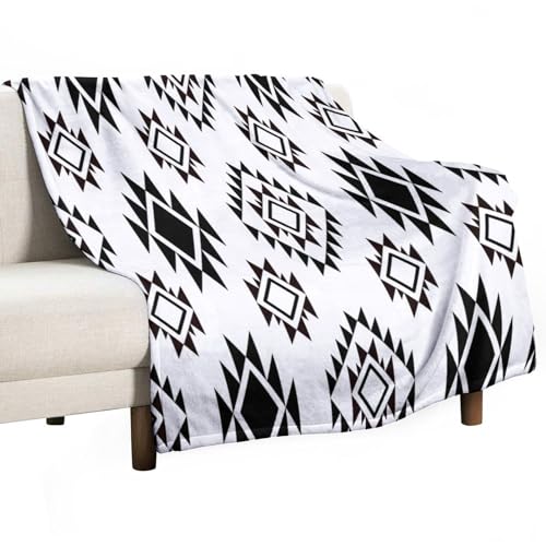 Boho Throw Blanket, Black and White Native Blankets, Vintage Tribal Aztec Printed Flannel Blanket for Chair Bed Sofa Couch 30"x40" - color: Aztec-7, size: 30"x40"