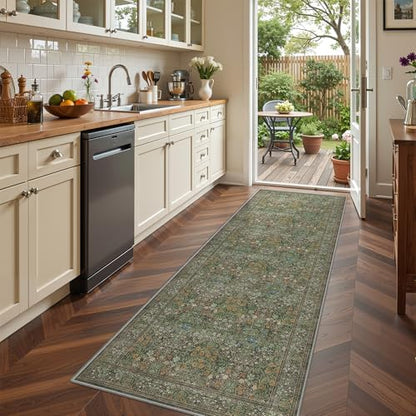 2x6 Runner Rug, Floral Kitchen Rugs Washable Green Rug, Dark Green - color: Dark Green, size: 2' x 6' (Runner)
