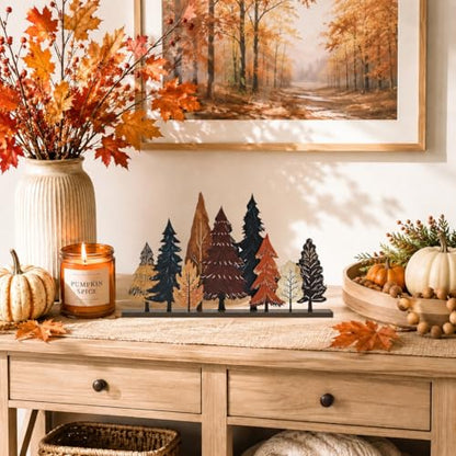 Smile Fall Thanksgiving Wooden Standing Decor, Autumn Forest Maple Pine Tree Tiered Tray Signs with Stands for Rustic Farmhouse Home Kitchen Shelf Decor - style: Fall Tree