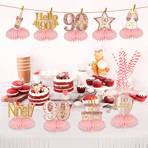 Turypaty Happy 90th Birthday Honeycomb Table Centerpieces Decorations Women - style: Pink Rose Gold 90th
