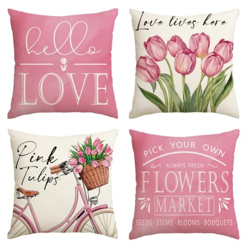 AVOIN colorlife Hello Love Pink Tulips Bicycle Throw Pillow Covers, 20 x 20 Inch Flowers Spring Mother's Day Cushion Case for Sofa Couch Set of 4 - size: 20" x 20" (Pack of 4)
