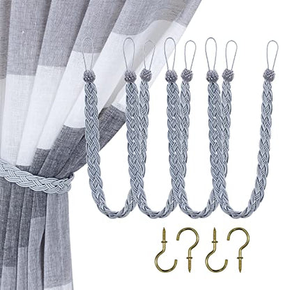Home Queen Hand Braided Curtain Tie Back, 4 Rope Belt Curtain Tie with 4 Metal Hooks, Grey - color: Grey, size: 4 Pack