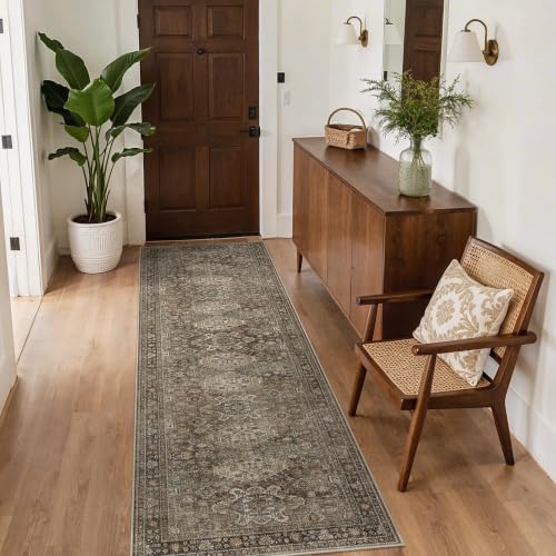 Bavni 2.5x12 Hallway Runner Rug, Non Slip Washable, Vintage Brown - color: Brown, size: 2'6" x 12' (Rectangular)
