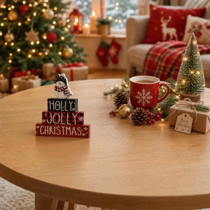 Smile 4 Pcs Wooden Christmas Block Signs, Holly Jolly Snowman Decor - style: Holly Jolly