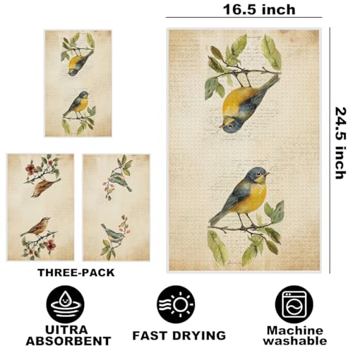 3 Pcs Vintage Birds Kitchen Towels, Birds Decorative Dish Cloth Tea Towel - color: Multi 1402