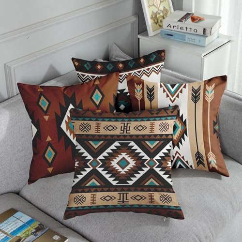 Throw Pillow Covers, Western Teal, Set of 4, 18"x18" - color: Southwestern Tribal 2