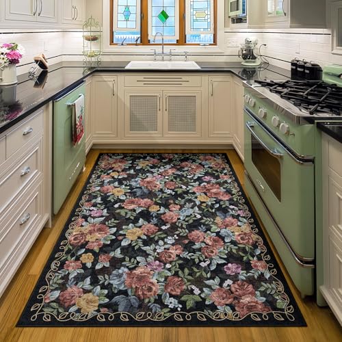Washable 4x6 Area Rug, Navy Boho Floral Non-Slip for Kitchen, Entryway - color: Dark Navy, Dusty Rose, Mustard and Blue Grey, size: 4' x 6' (Rectangular)