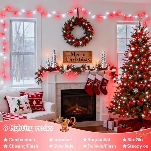 JMEXSUSS 2 Pack 100 LED Red and White Christmas Lights Outdoor, Each 33FT - color: Red White, size: 200 LED