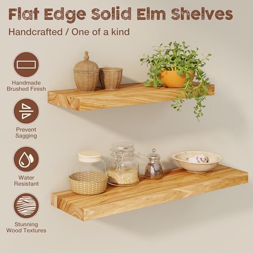 fuqing Floating Shelves for Wall, 36 Inch Rustic Solid Elm Wood Shelves - color: Natural Elm Flat Edge - 6.7"d, size: 36"L - 2Packs