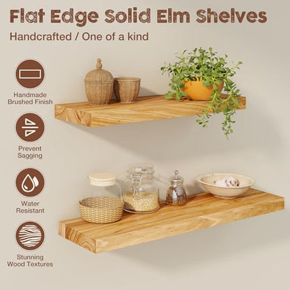 fuqing Floating Shelves for Wall, 72 Inch Rustic Solid Elm Wood Shelves - color: Natural Elm Flat Edge - 6.7"d, size: 72"L - 1Pack