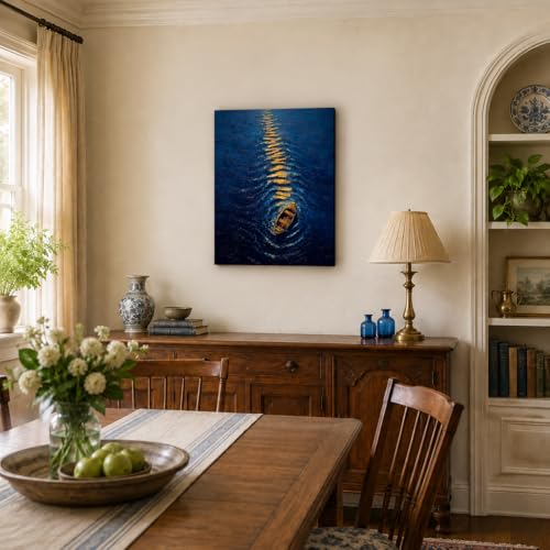 Canvas Wall Art Night Ocean Framed Style Golden Boat Reflection 16x24 Inch - color: A quiet little boat, size: 24"L x 16"W