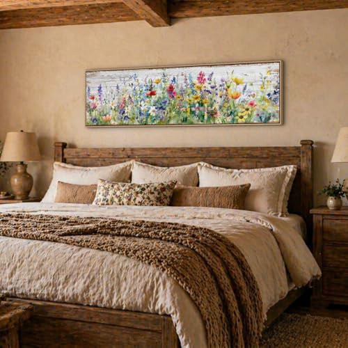 Wood Framed Colorful Wildflower Wall Art Rustic Farmhouse Wall Decor 14x48” - color: Flower