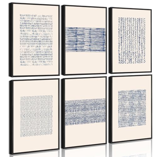 Drsoum Blue White Grunge Geometric Abstract Decor Minimalist Boho Bohemian Wall Art Framed Canvas Prints 8"x 10"x 6pcs Black Framed - color: Blue Bohemain, size: 8''x 10''x 6pcs, Black Framed