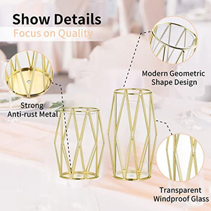 NUPTIO Gold Geometric Hurricane Glass Candle Holders, Set of 2 - color: Gold, size: XS+S