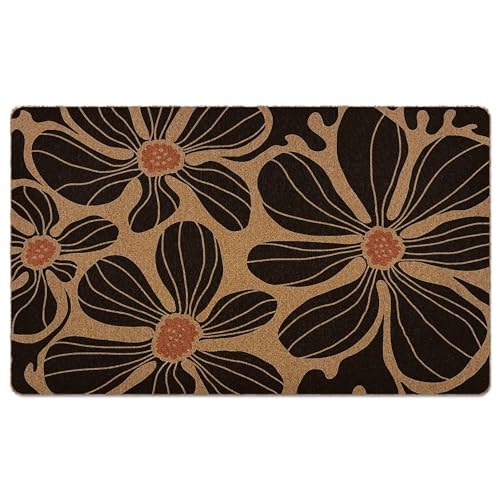 Boho Floral Door Mat, Black Coir Doormat, Flower Welcome Front Door Mat Indoor Outdoor Entrance for Camper, Botanical Rustic Artificial Doormat Rugs for Porch Entry Patio Kitchen 30x17in - color: Floral-1