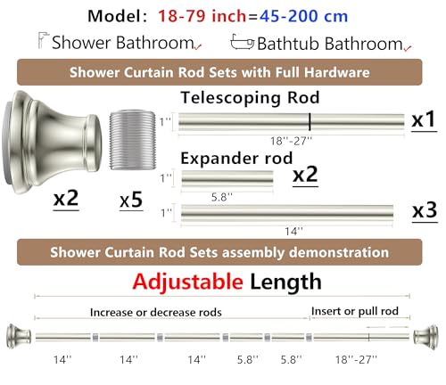 Brushed Nickel Tension Shower Curtain Rod – Adjustable 18-79 Inches, Fits 20-78 Inch Spaces (Ideal for 72" Wide Bathrooms), Rust Resistance Adjustable Durable Spring No Drilling - color: Brushed Nickel, size: 18-79 inch